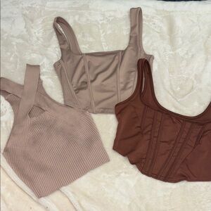 Brandy Melville trio: mauve pink, taupe, chocolate brown crop tops